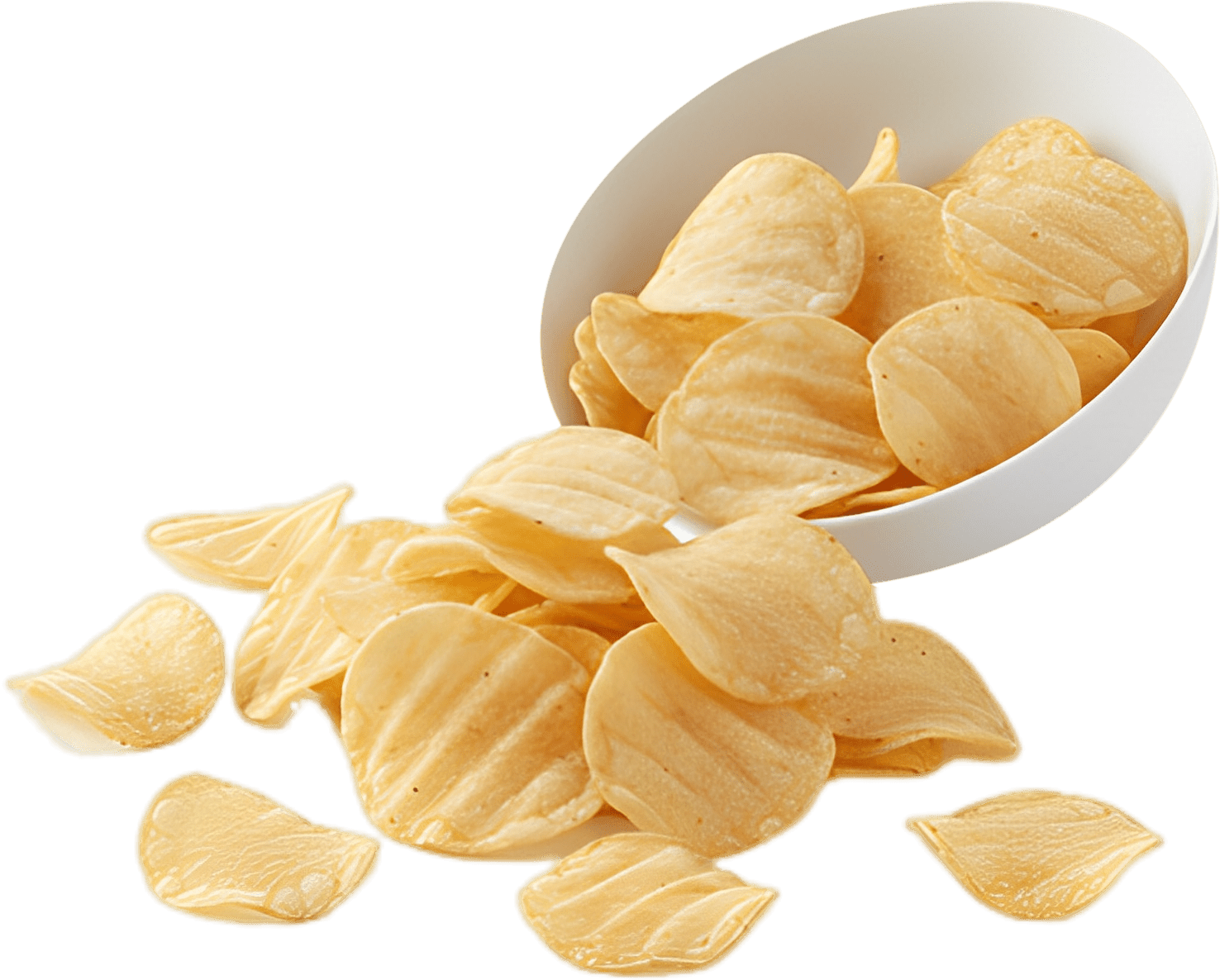 Golden potato chips spilling from a white bowl.