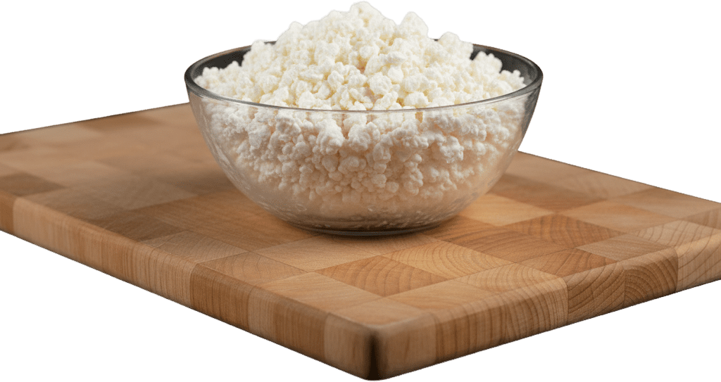 A glass bowl filled with cottage cheese on a wooden cutting board.