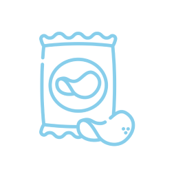 Simple blue line drawing of a peanut snack packet with one peanut outside.