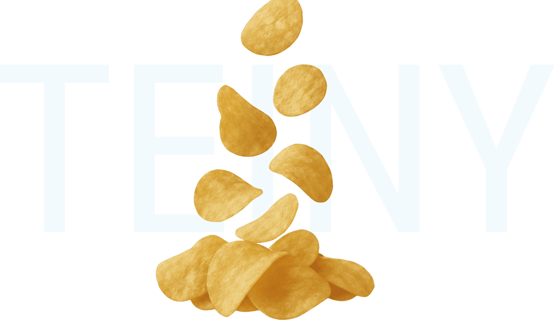 Golden potato chips falling against a light blue background with bold letters.