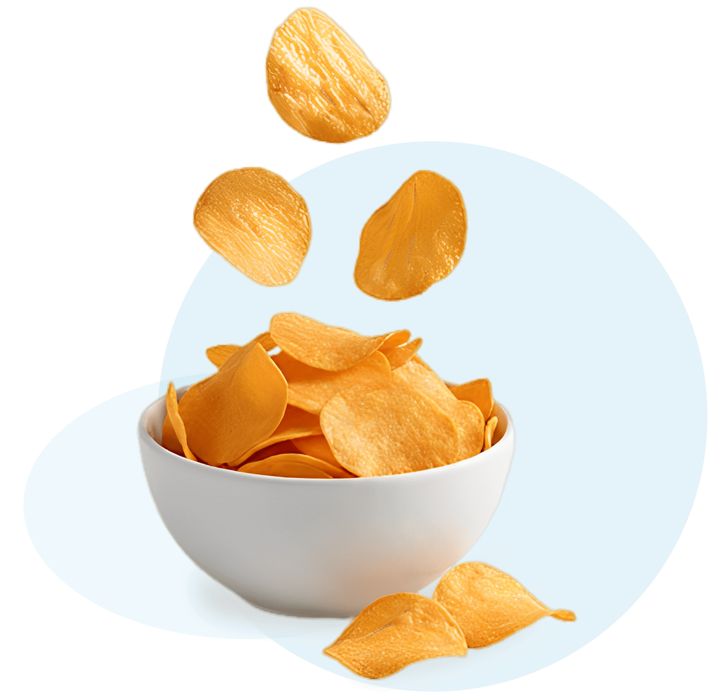Golden potato chips falling into a white bowl.